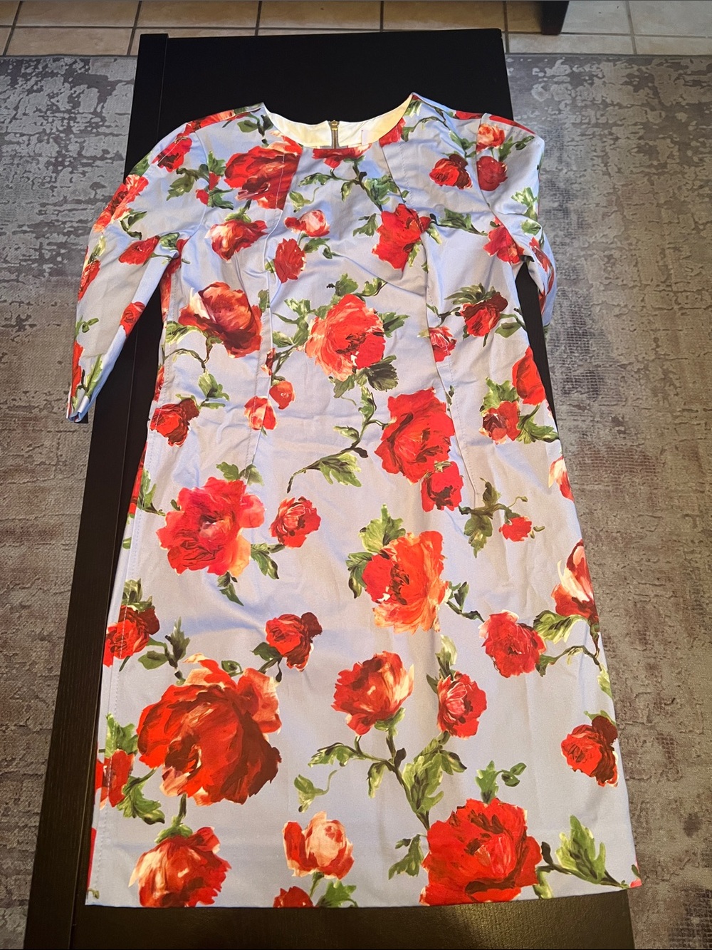 Carolina Herrera Red Rose Print Long Sleeve Sheath Dress on Light Blue